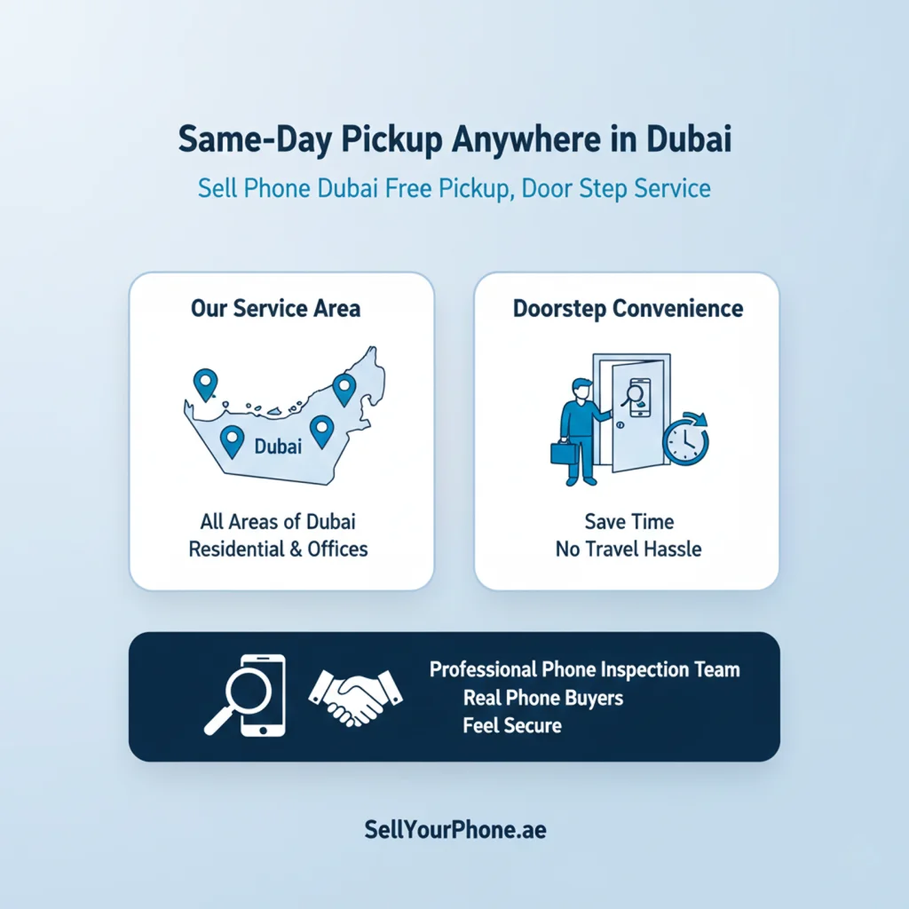 Promotional graphic for SellYourPhone.ae stating “Same-Day Pickup Anywhere in Dubai – Free Pickup, Doorstep Service,” featuring a map of Dubai showing service coverage across all areas, doorstep convenience with time-saving pickup, and a note about professional phone inspection teams and real phone buyers for a secure experience.